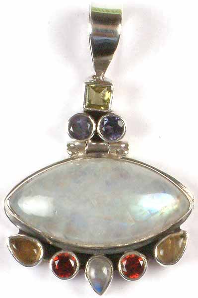 Rainbow Moonstone Pendant with Faceted Gemstones
