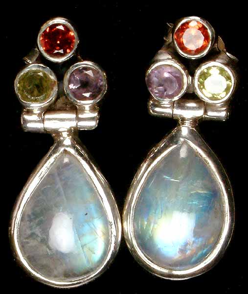 Rainbow Moonstone Post Earrings with Faceted Gemstones