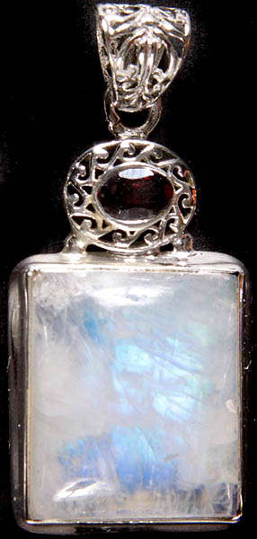 Rainbow Moonstone Rectangle Pendant with Faceted Garnet