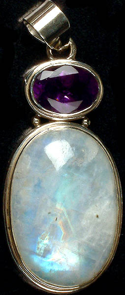 Rainbow Moonstone with Faceted Amethyst Pendant