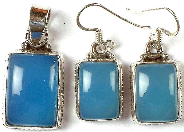 Rectangular Blue Chalcedony Pendant With Matching Earrings