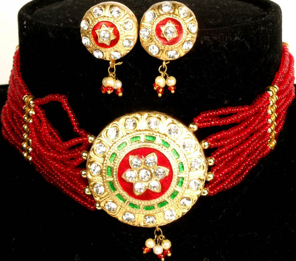 Red and Golden Solar Necklace and Earrings Set with Beads