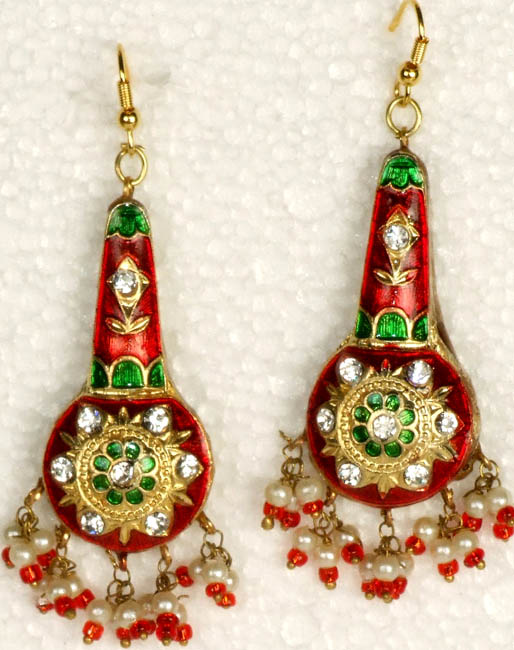 Red Flask Earrings with Green and Golden Accents