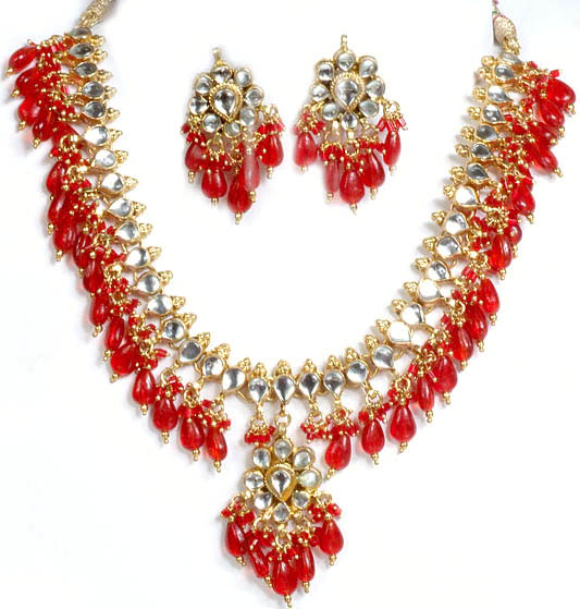 Red Kundan Necklace Set with Dangling Beads