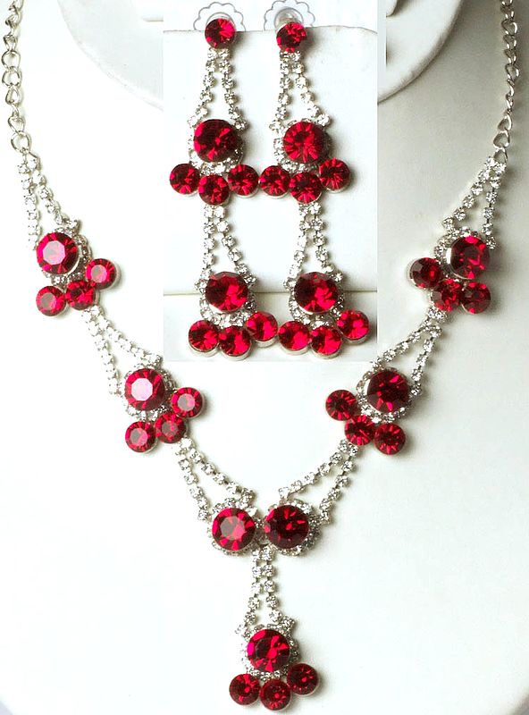 Red Victorian Necklace and Earrings Set with Cut Glass