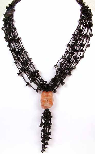 Rhodochrosite Necklace with Black Onyx Chips and Cord