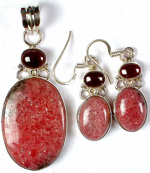 Rhodonite Pendant & Earrings Set with Garnet