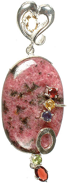 Rhodonite Pendant with Faceted Citrine, Garnet, Iolite and Peridot