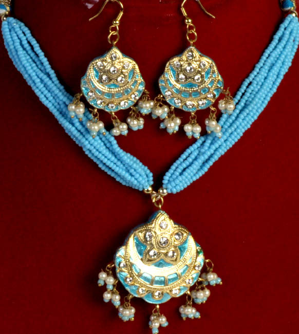 Robin-Egg Blue Necklace and Earrings Set with Islamic Crescent Moon