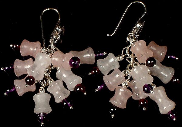Rose Quart Hour-Glass Bead Earrings with Amethyst