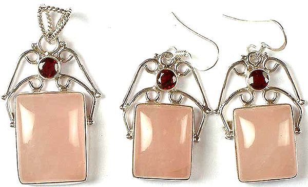 Rose Quartz & Faceted Garnet Pendant With Matching Earrings Set