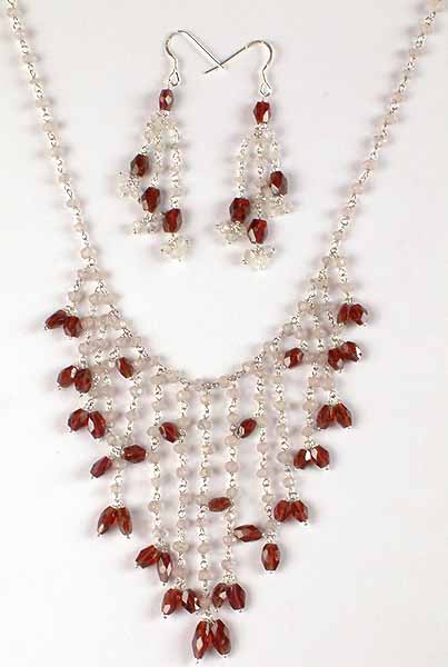 Rose Quartz & Garnet Necklace with Matching Earrings