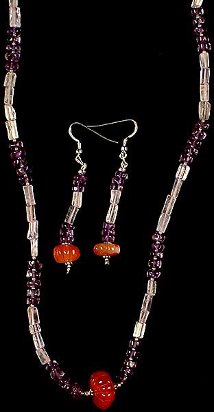 Rose Quartz, Amethyst & Carnelian Necklace with Matching Earrings
