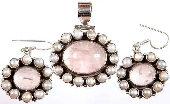 Rose Quartz and Pearl Pendant with Matching Earrings Set