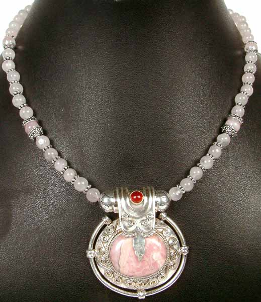 Rose Quartz Beaded Necklace with Rhodochrosite Pendant