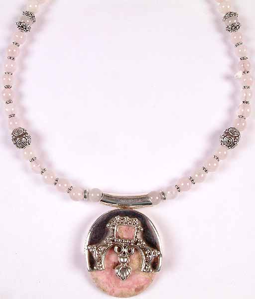 Rose Quartz Beaded Necklace with Rhodochrosite Pendant