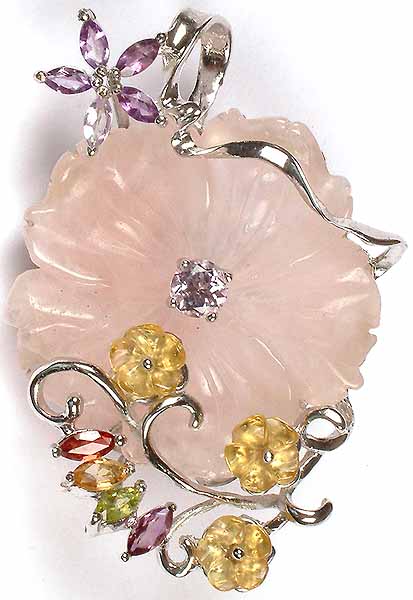 Rose Quartz Carved Flower Pendant Cum Brooch with Faceted Gemstones