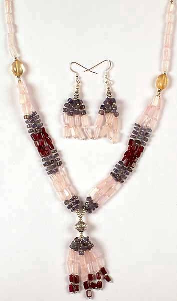 Rose Quartz, Iolite & Garnet Necklace with Matching Earrings Set