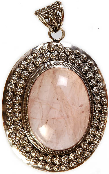 Rose Quartz Oval Pendant with Blooming Flowers Border
