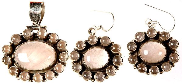 Rose Quartz Oval Pendant with Earrings Set