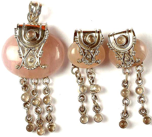 Rose Quartz Pendant & Earrings Set with Dangles