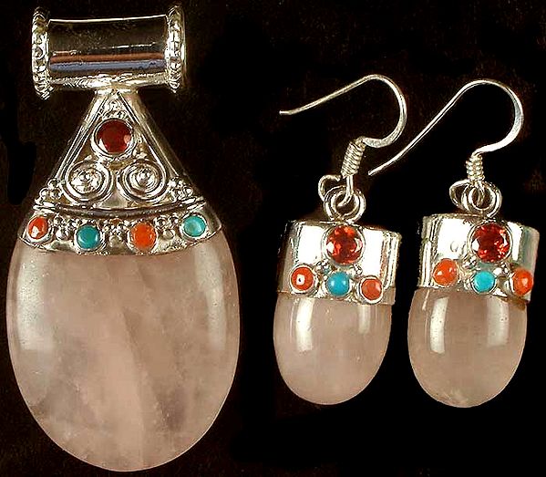 Rose Quartz Pendant & Earrings Set With Gemstones