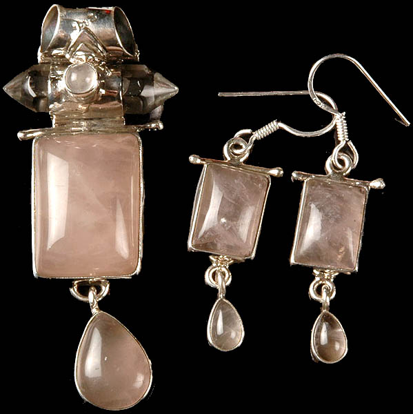 Rose Quartz Pendant with Earrings Set and Faceted Crystal