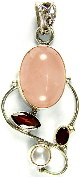 Rose Quartz Pendant with Faceted Garnet and Pearl