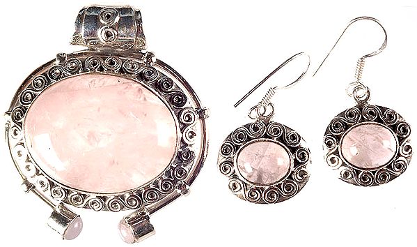 Rose Quartz Pendant with Spiral Border and Matching Earrings Set