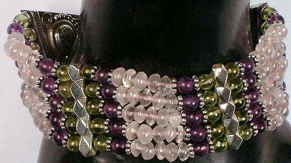 Rose Quartz, Peridot & Amethyst Beaded Bracelet