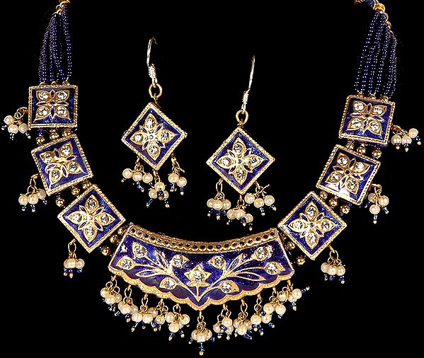 Royal Blue and Golden Mughal Necklace with Earrings Set