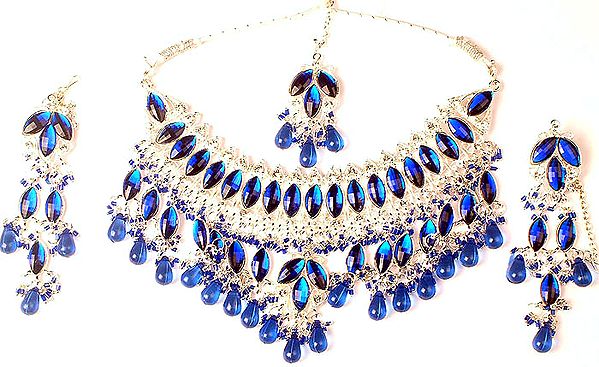 Royal Blue Glass Choker with Earrings and Mang Tika Set