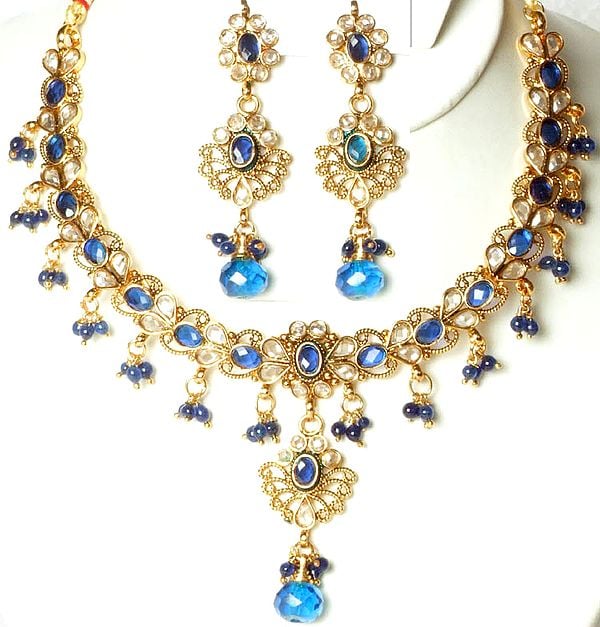 Royal Blue Polki Necklace and Earrings Set with Faux Sapphire