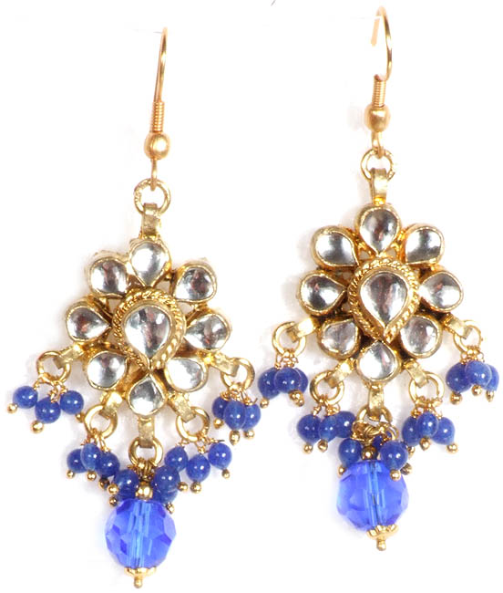 Royal-Blue Kundan Earrings with Dangling Beads