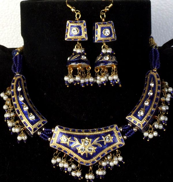 Royal-Blue Meenakari Necklace and Earrings Set with Cut Glass
