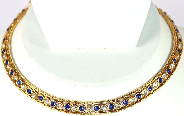 Royal-Blue Polki Choker Chain with Faux Sapphires