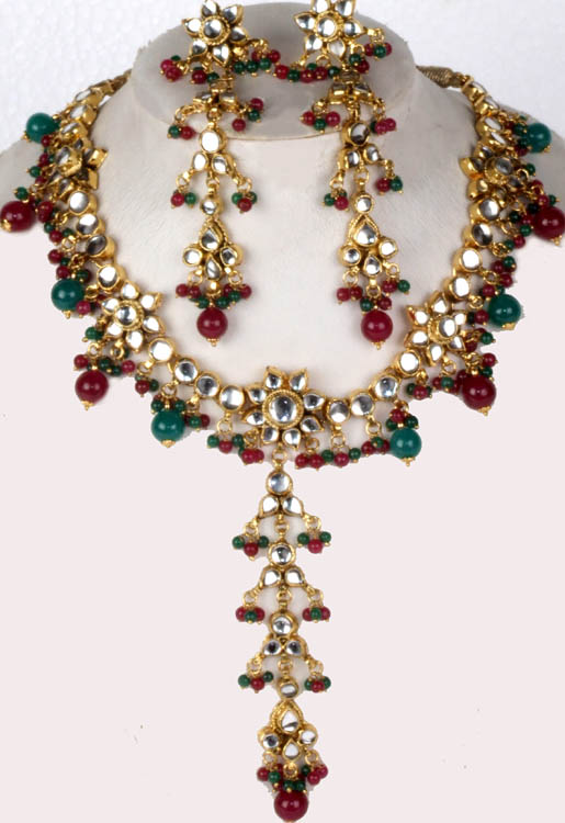 Ruby and Emerald Colored Kundan Necklace with Glass Beads and Earrings