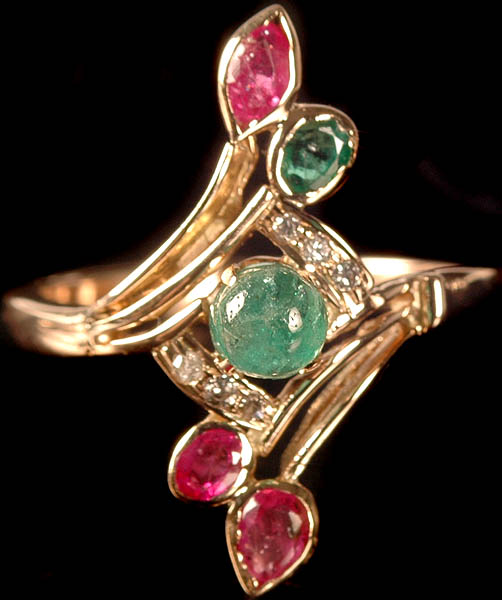 Ruby and Emerald Finger Ring with Diamonds