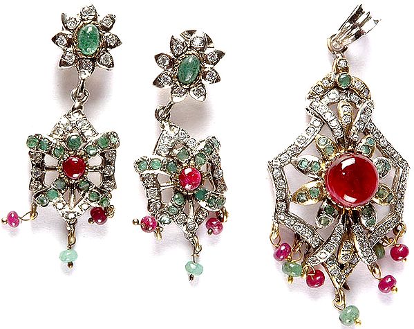 Ruby and Emerald Pendant with Earrings