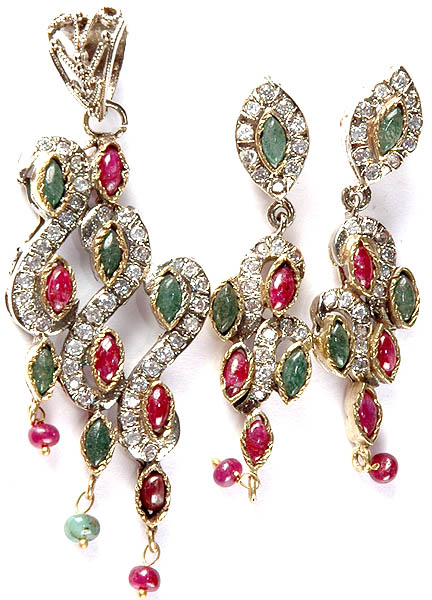 Ruby and Emerald Pendant with Earrings
