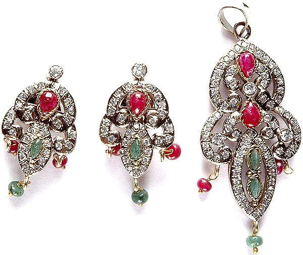 Ruby and Emerald Victorian Pendant and Earrings