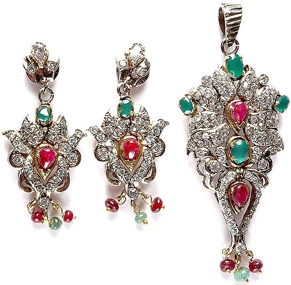 Ruby and Emerald Victorian Pendant with Earrings
