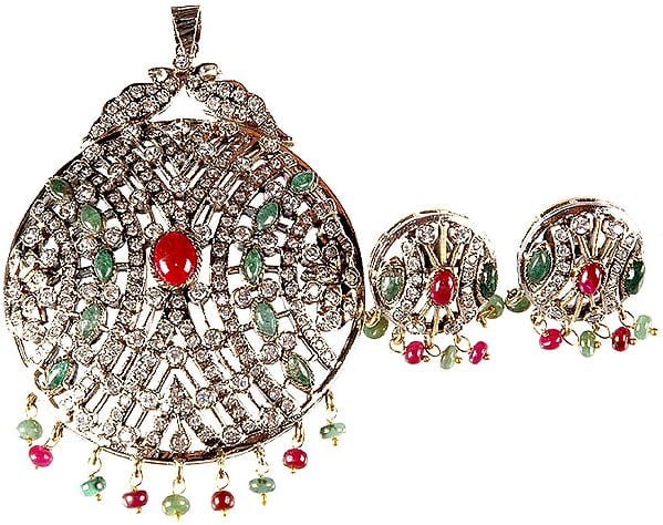 Ruby and Emerald Victorian Pendant with Twin Peacocks Atop and Earrings