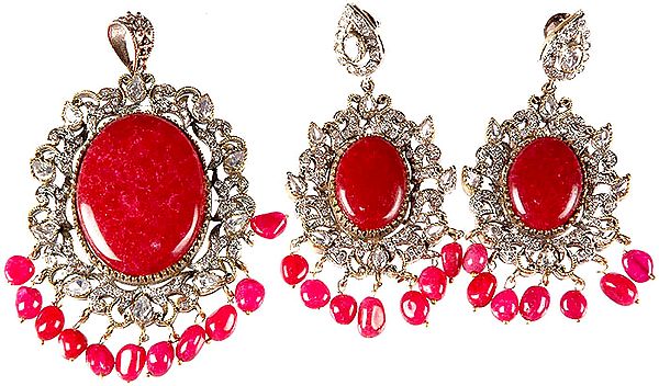 Ruby Oval Pendant with Charms and Matching Earrings