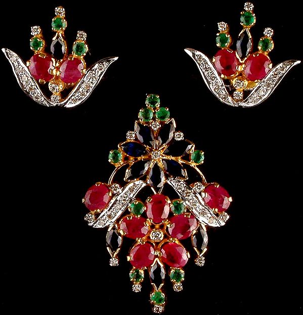 Ruby, Sapphire & Emerald Pendant & Earrings Set