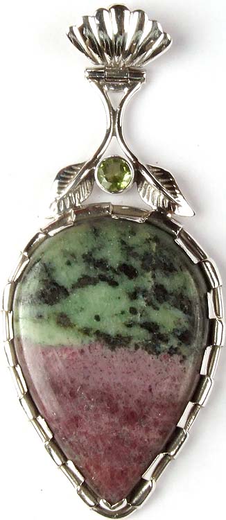 Ruby Zoisite Pendant with Peridot and Sterling Leaves