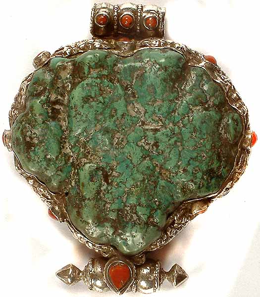 Rugged Turquoise Pendant With Coral & Vajra Fence