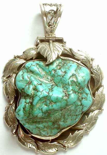 Rugged Turquoise Pendant with Sterling Leaves