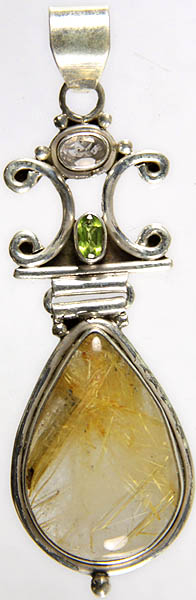Rutilated Quartz Crown Pendant with Faceted Amethyst and Peridot