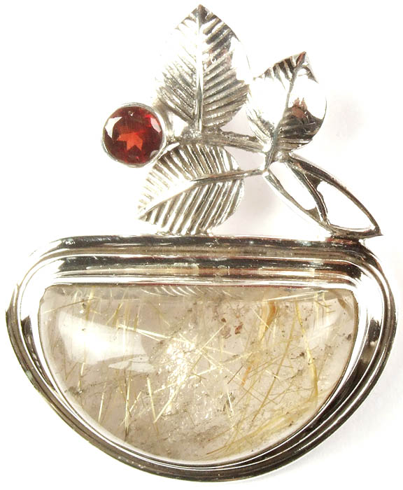 Rutilated Quartz Pendant with Sterling Leaves and Garnet